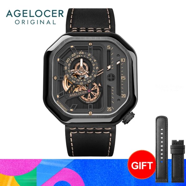 AGELOCER Racing Watch Men's Square Luminous Skeleton Automatic Mechanical Watch Birthday Gift for Men