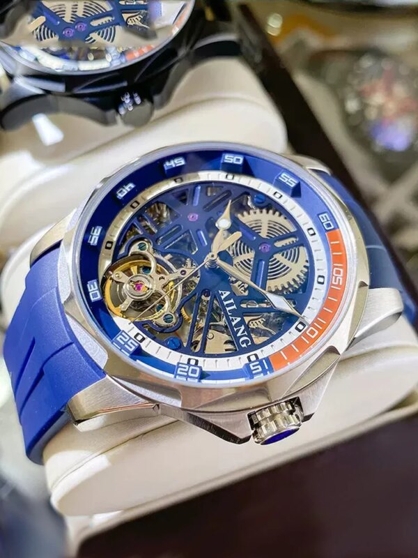 AILANG Brand New Fashion Blue Mechanical Watch for Men Sports Rubber Strap Waterproof Skeleton Luxury Tourbillon Watches Mens