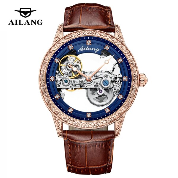 AILANG Fashion Skeleton Mechanical Watch Mens Watches Top Brand Casual Clock Genuine Leather Strap 30M Waterproof Reloj Hombre