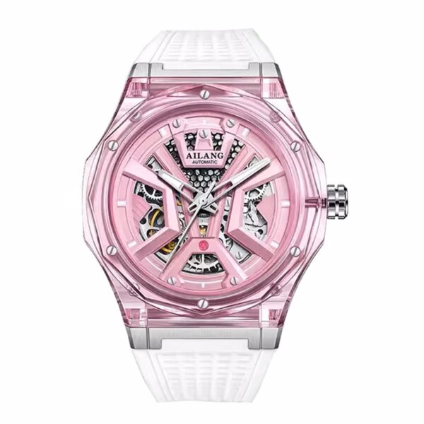 AILANG Women Automatic Mechanical Watch Top Brand Luxury Pink Transparent Case Waterproof Wrist Watch Ladies Skeleton Clock 2024