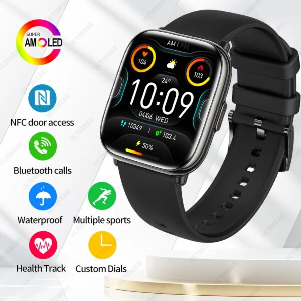 AMOLED Smart Watch Men Women Calendar Bluetooth Call NFC Smartwatch Waterproof Blood Pressure Heart Rate Fitness Watch HD12 40mm