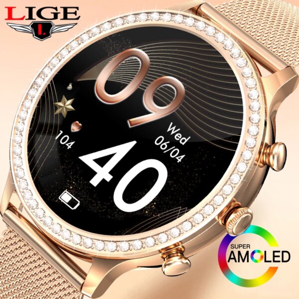 AMOLED Smartwatch Bluetooth Call Smart Watch Women Blood Pressure Oxygen Monitor Relojes Inteligentes Waterproof Smartwatch+Gift