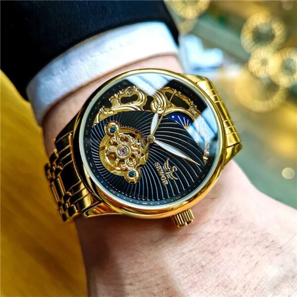 AOKULASIC Gold Skeleton Mens Watch Retro Moon Phase Tourbillon Automatic Mechanical Watches Luxury Stainless Steel Band Luminous