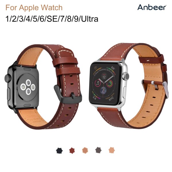 Anbeer Genuine Leather Watch Band  with Apple Watch 49mm 45mm 41mm 44mm 40mm 42mm 38mm Vintage Strap for iWatch all Series 8 9