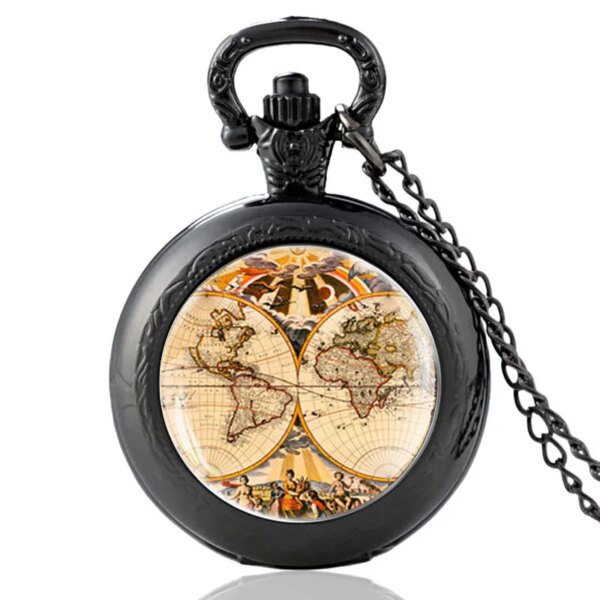 Ancient World Map Design Glass Cabochon Quartz Vintage Unique Pocket Watch Men Women Pendant FOB Necklace Hours Clock