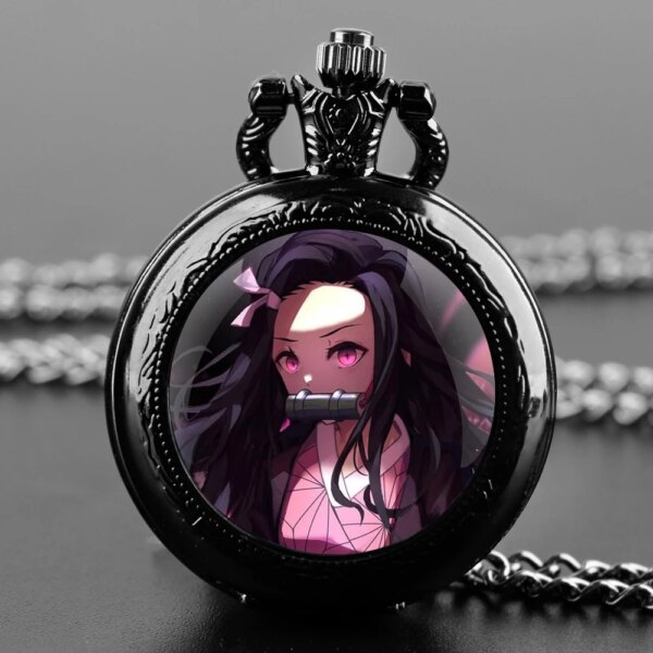 Anime Demon Slayer Kamado Nezuko Quartz Pocket Watch for Women Men Necklace Unique Pendant Clock Chain Watch Gift Accessories