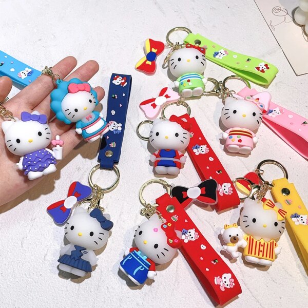 Anime Kawaii Hello Kitty Keychain Pendant Holder Key Chain Car Keyring Mobile Phone Bag Hanging Jewelry Kids Gifts