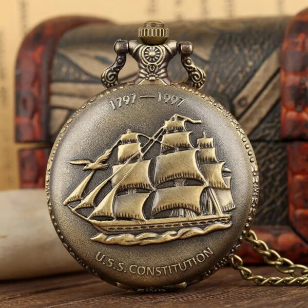 Antique Bronze 3D Sailboat Sailing Canvas Boat Ship Pocket Watch Necklace Clock U.S.S. CONSTITUTION Pendant Watch Blessing Gifts