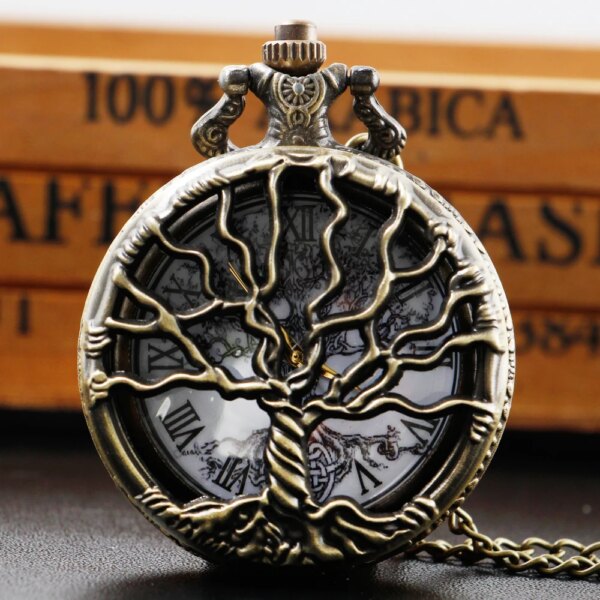 Antique Bronze Life Tree Design Quartz Pocket Watch with Pendant Necklace Watch Gifts for Men Women reloj de bolsillo