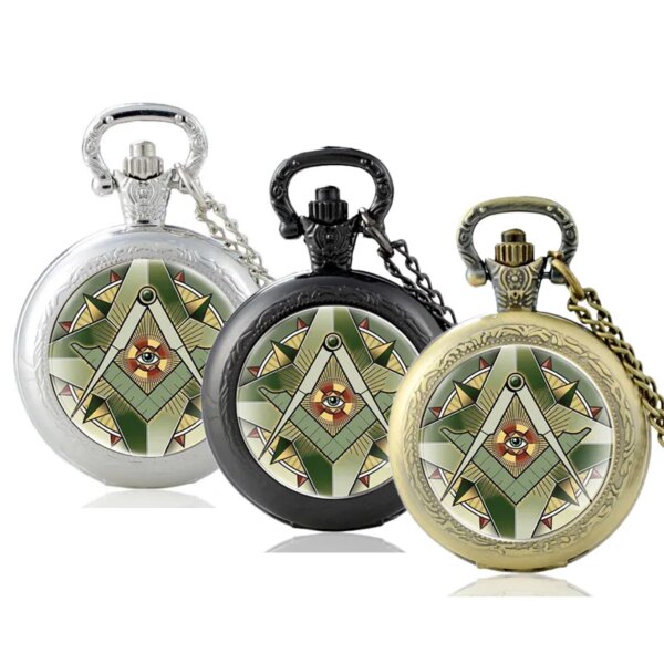 Antique Bronze The Eye of God Glass Cabochon Quartz Pocket Watch Vintage Men Women  Masonic Pendant Necklace Chain  Hours Clock