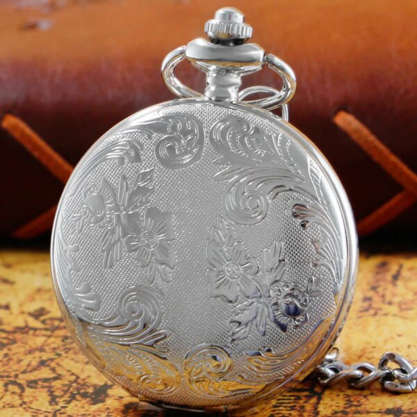 Antique Flap Vintage Pocket Watch Silver Necklace Sweater Chain Pendant Quartz Clock Pocket FOB Watch