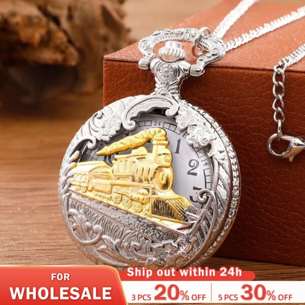 Antique Steam Train Design Pocket Watch with Chain Necklace Vintage Quartz Pendant Watches Clock Chain Mens Women