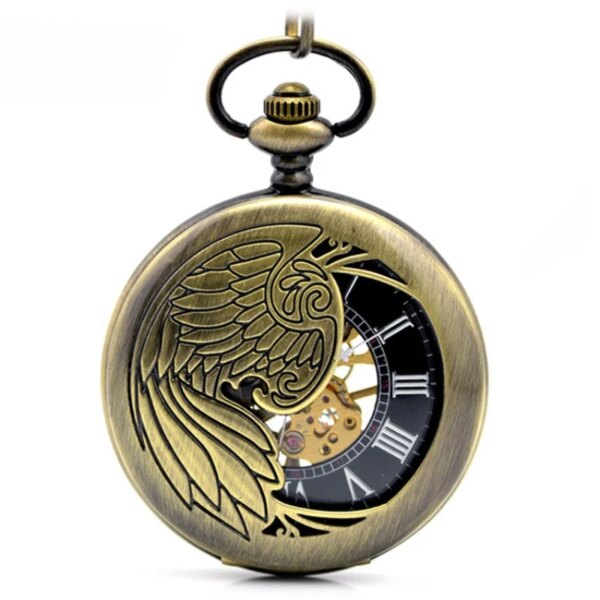 Antique Style Bronze Tone Phoenix Skeleton Steampunk Case Men's Hand Wind Mechanical Movement Pocket Watch W/chain Best Gift