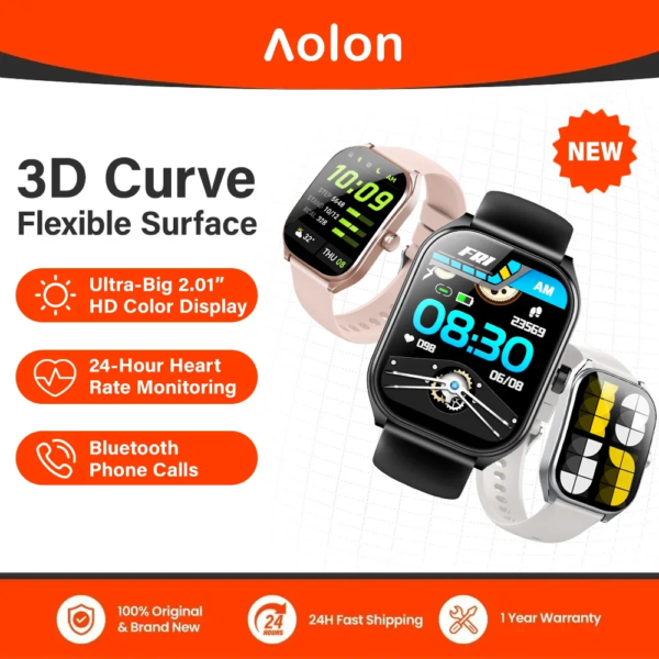 Aolon 2.01-inch Curved Screen Smart Watch Bluetooth Call Sports Waterproof Fitness Bracelet Wristwatch Clock Women Smartwatch