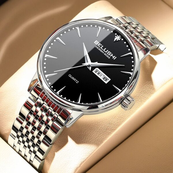 BELUSHI Minimalism Style Watch Men Luxury Top Brand Stainless Steel Quartz Clock Waterproof Calendar Fashion Gift Wristwatch New