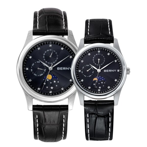 BERNY Quartz Couple Watch Sapphire 34/38mm Dial Diamond Moon phase Calendar Wristwatch Day-Date Dial Blued-steel hand Wristwatch