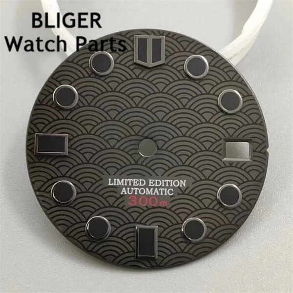 BLIGER 28.5mm Black And Red Gold Dial With Green Luminous For NH34 NH35 Movement for 3 o'clock and 3.8 crown cases