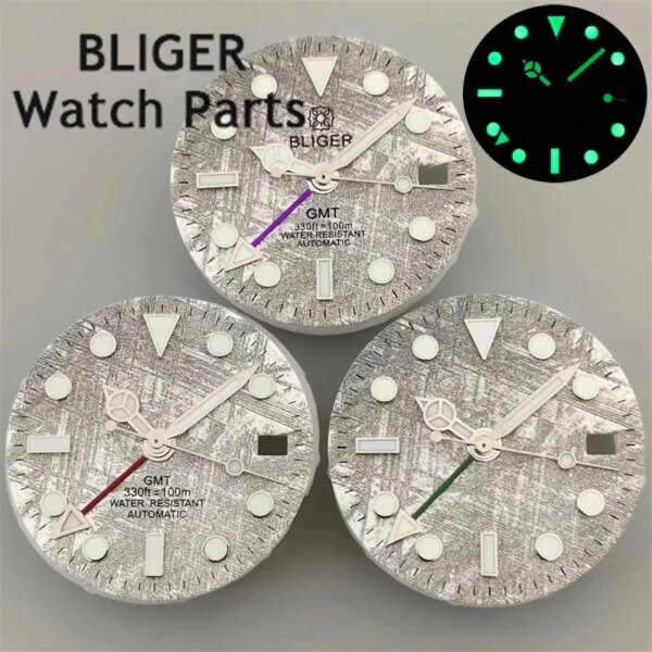 BLIGER 29mm Meteorite Pattern Dials GMT Watch Hands Fit NH34 Movement Green Luminous Suitable for Mechanical Watch Installation