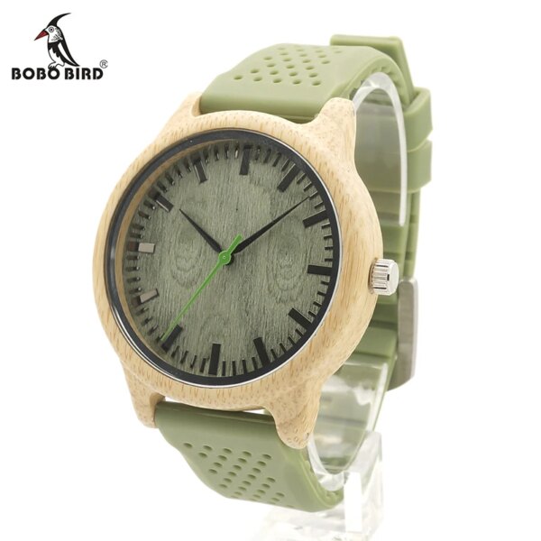 BOBO BIRD B06 Original Bamboo Case Green Dial Wood Watch Mens Fashion Quartz Watch with Green Silicon Band holz armbanduhr