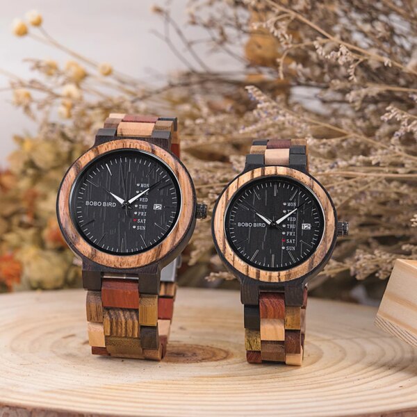 BOBO BIRD Couple Wooden Watch Luxury Brand Wood Timepieces Week Date Display Quartz Watches for Men Women Customized Family Gift