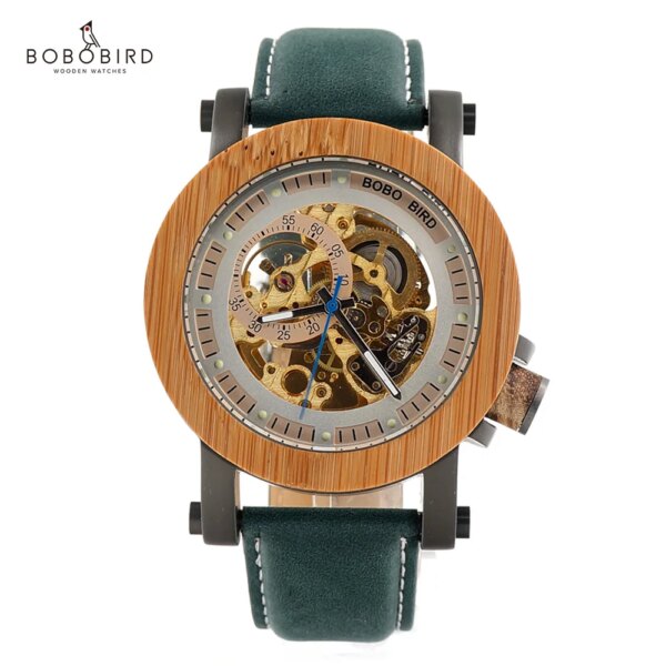 BOBO BIRD Gear Men Watches Luxury Brand Mechanical Watch Green Genuine Leather Wooden Wristwatch relogio masculino Customizable