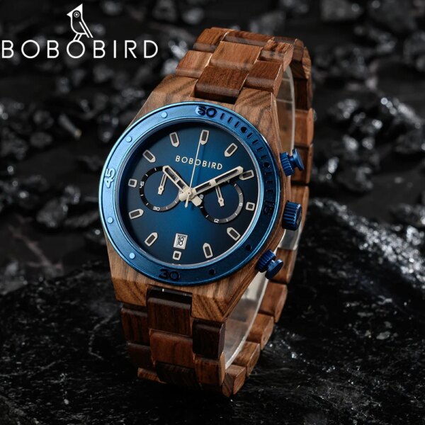 BOBO BIRD Men Wood Watch Business Quartz Watches Engraved Wooden Chronograph Wristwatch with Date Display Custom Logo Great Gift