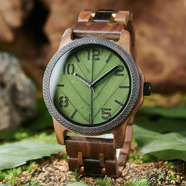 BOBO BIRD Men's Wood Watch with Genuine Leaf, Natural Handmade Watches, Custom Wooden Gift for Anniversary, Stylish Mens Watch