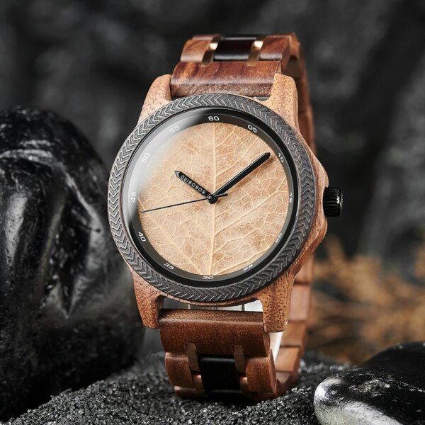 BOBO BIRD Men's Wood Watch with Genuine Leaf, Natural Handmade Watches, Wooden Gift for Anniversary, 45mm Stylish Mens Watch