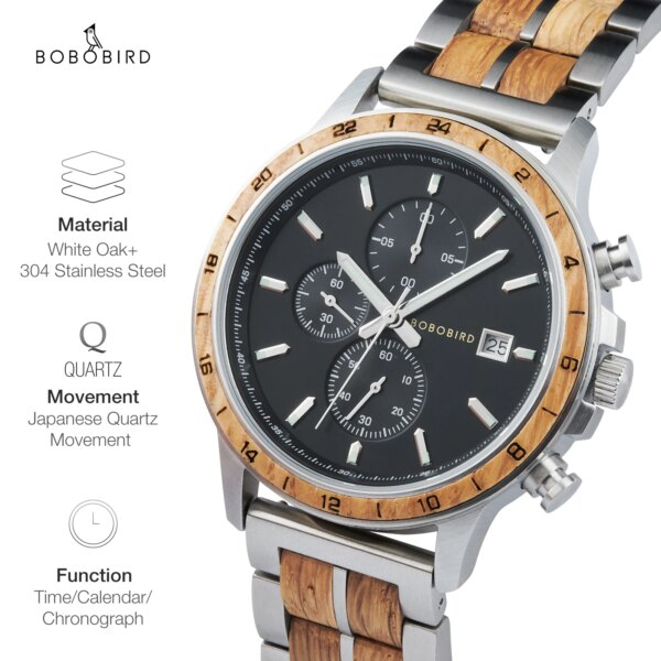 BOBO BIRD Men's Wooden Watch Japanese Movement New Top Fashion Quartz Wristwatch Chronograph Military Timepieces Custom Gift Box