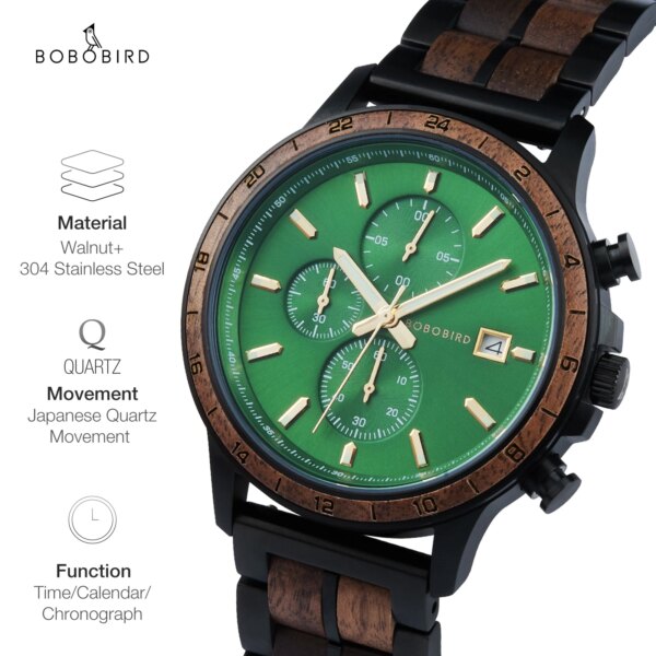 BOBO BIRD Men's Wooden Watch New Top Quartz Wristwatch Japanese Movement Classic Chronograph Military Watches Custom Gift Box