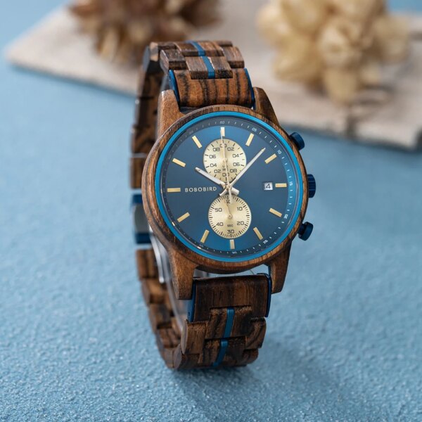 BOBO BIRD New Wooden Mens Watch Top Brand Luxury Sports High Quality Quartz Movement Chronograph Wristwatch Relogio Masculino