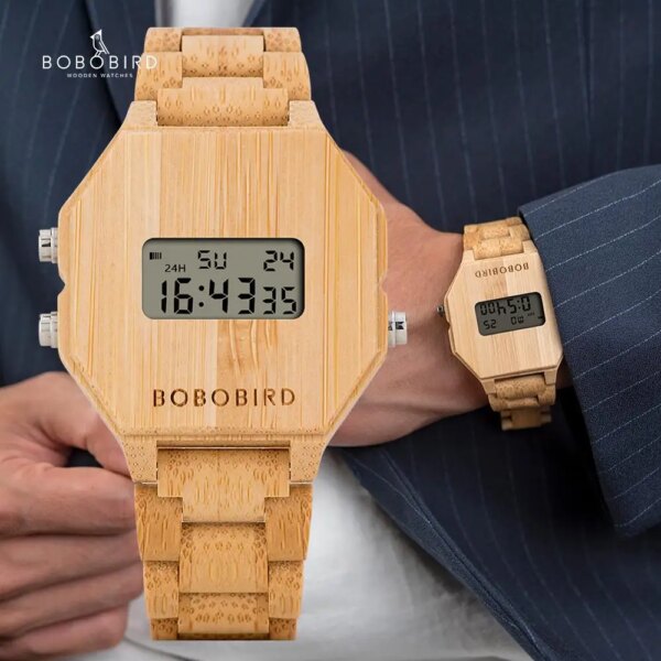 BOBO BIRD Wooden Male Digital Wristwatch LED Display Electronic LCD Auto Date Multifunction montre homme Clock Man Dropshipping