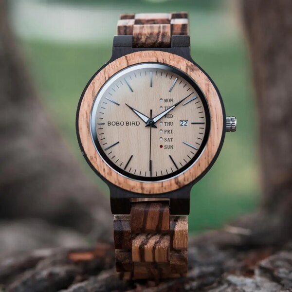 часы мужские BOBO BIRD Wooden Men Watch Quartz Automatic Date Week Display Timepieces Vintage Male Wristwatch customized Gift