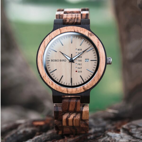 BOBO BIRD Wooden Men's Watch Casual Wristwatch for Men Quartz Movement Calendar & Week Display Support Logo Custom Dropshipping