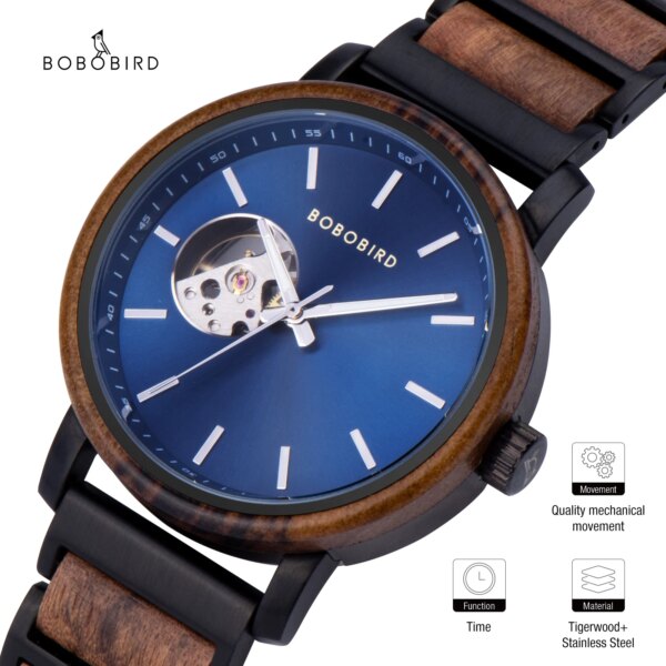 BOBOBIRD Men Watches Top Luxury Navy Blue Dial Automatic Mechanical Watches  Inlaid Ruby Pure Hand Inlaid Solid Wood Particles