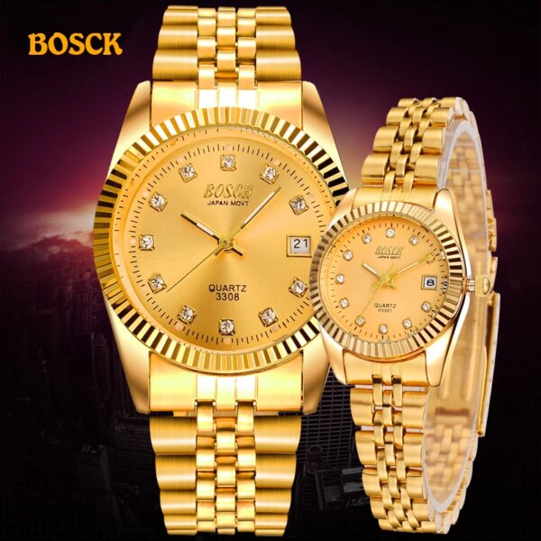 BOSCK Fashion Couples Wristwatches Mens Gold luxury brand Women Dress Watch Reloj Watch Men Relogios Masculinos