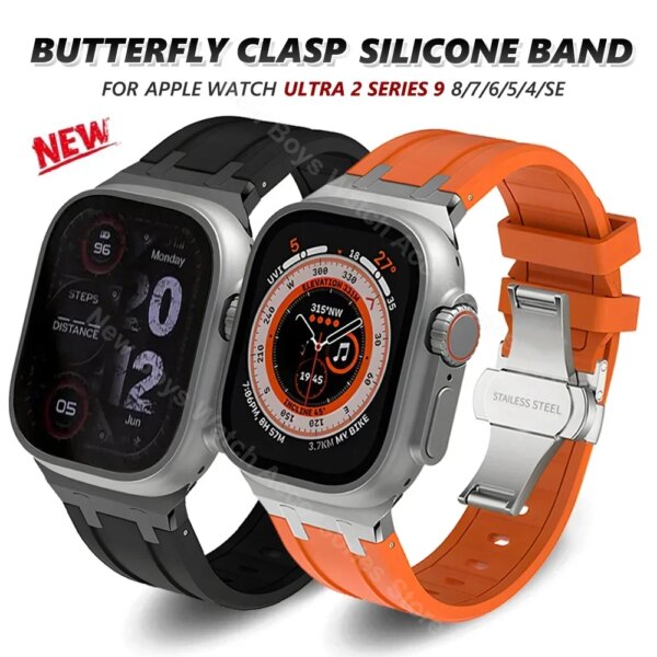 Band for Apple Watch Series 9 Ultra 2 49mm 45mm 42 44mm Butterfly Clasp Strap for iWatch 9 8 7 se 6 5 4 Silicone Sports Bracelet