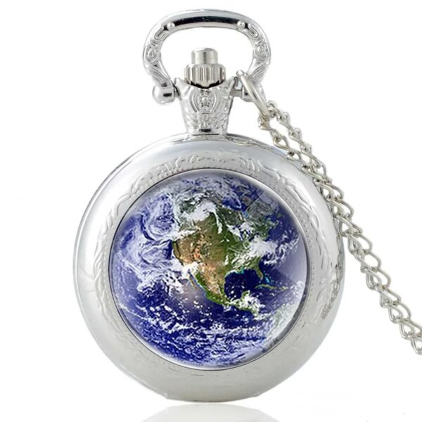 Beautiful Earth Map Design Glass Cabochon Quartz Pocket Watch Vintage Men Women  Pendant Necklace Chain Clock