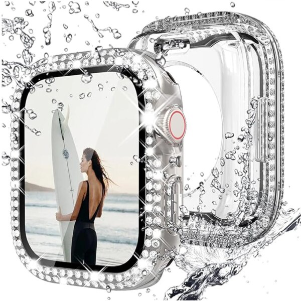 Bling Glass+Cover for Apple Watch Case 49mm 45mm 41mm 40mm 44mm Diamond Bumper+Screen Protector Iwatch Series Ultra 8 7 6 5 4 SE