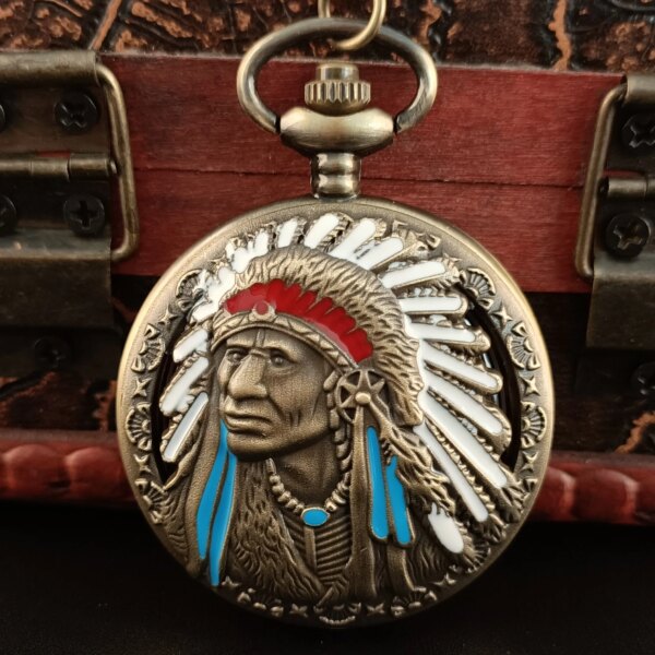 Bronze Ancient Indian Tribal Leader Carving Quartz Pocket Watch Full Hunter Fob Watches With Pendent Chain Necklace Best Gift