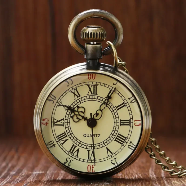 Bronze Roman Pocket Watch, Antique Numerals, Chain Necklace, Pendant, Quartz