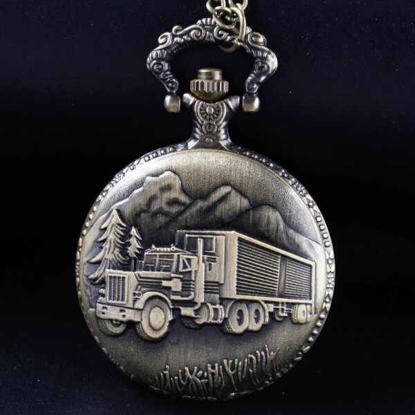 Bronze Transport Truck Embossed Quartz Pocket Watch Commemorative Pendant Clock Gift with Fob Chain Antique Timer Gift