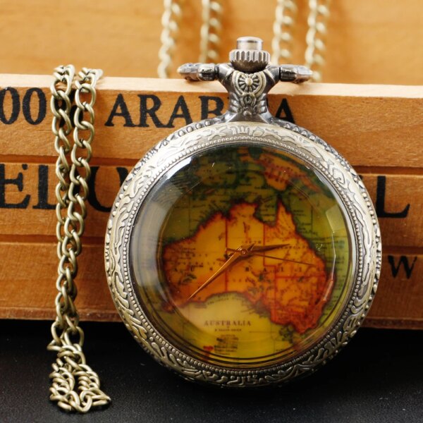 Bronze Vintage A Map Quartz Pocket Watch Chain Pendant Necklace Women Men Fob Watch Gift relogio masculino