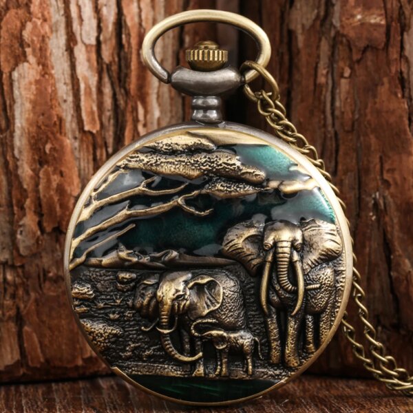 Bronze Vintage Elephant Family Design Quartz Pocket Watch Men Women Retro Necklace Pendant Pocket Timepiece Gifts