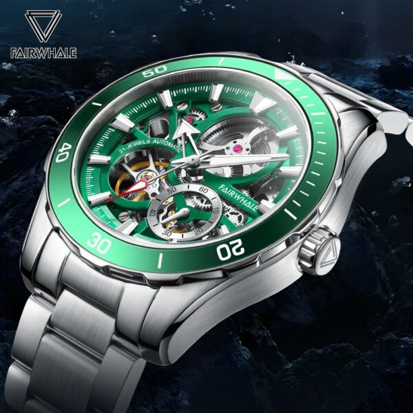 Business Mens Green Watches Fashion Brands Mark Fairwhale Stainless Steel Skeleton Clock Luxury Automatic Mechanical Wrist Watch