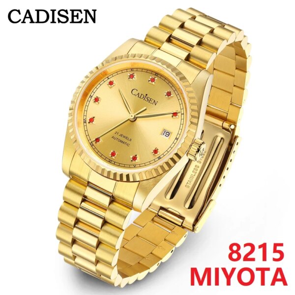 CADISEN Mechanical Automatic Watch For Men Japan 8215 Movement Sapphire Stainless Steel Luxury Golden Watch Relogio Masculino