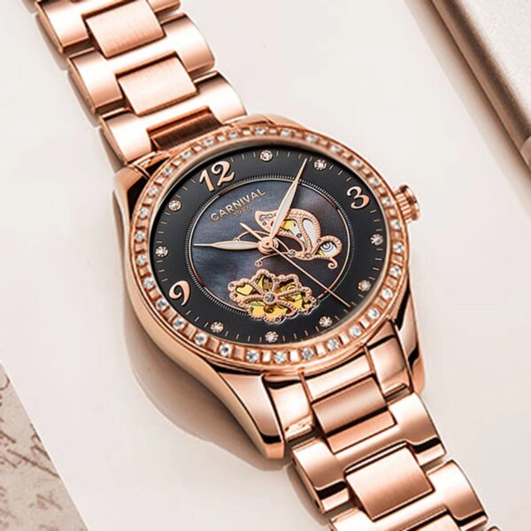 CARNIVAL Skeleton Butterfly Design Rose Gold Women Watches Luxury Brand Automatic Mechanical Watch Ladies Waterproof reloj mujer