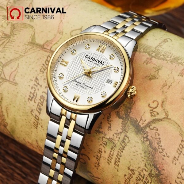 CARNIVAL Woman Fashion Silver Gold Automatic Watches Luxury Waterproof Luminous Calendar Mechanical Wristwatch Relogio Feminino