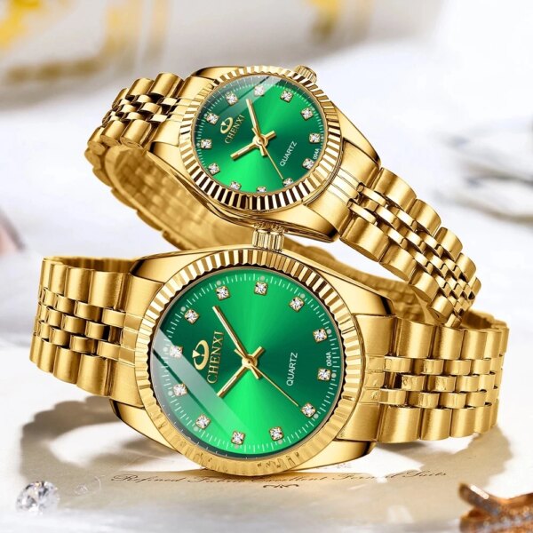 CHENXI 004A Couple Quartz Watch Gold Fashion Luxury Stainless Steel Clock Casual Waterproof Clock Men Women Blue Wrist Watches