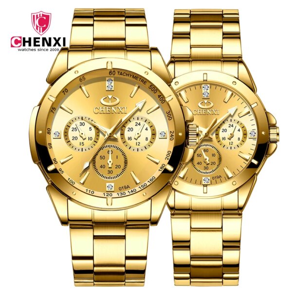 CHENXI 019A Couple Watch Luxury Golden Steel Band Quartz Wrist Watch Casual Waterproof Clock for Men and Women Relogio Masculino